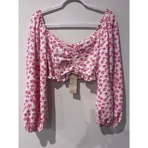 ACOA Collection Pink Floral Ruched Smocked Crop Top Long Sleeve Blouse M NWT